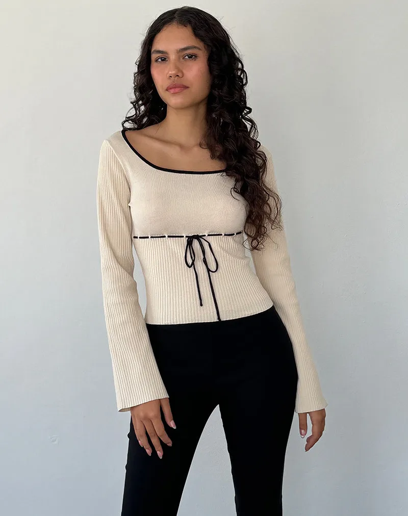 Juhye Knitted Long Sleeve Top in Beige with Black Binding