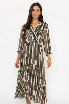 Khaki Geometric Printed Hannah Midi Dress