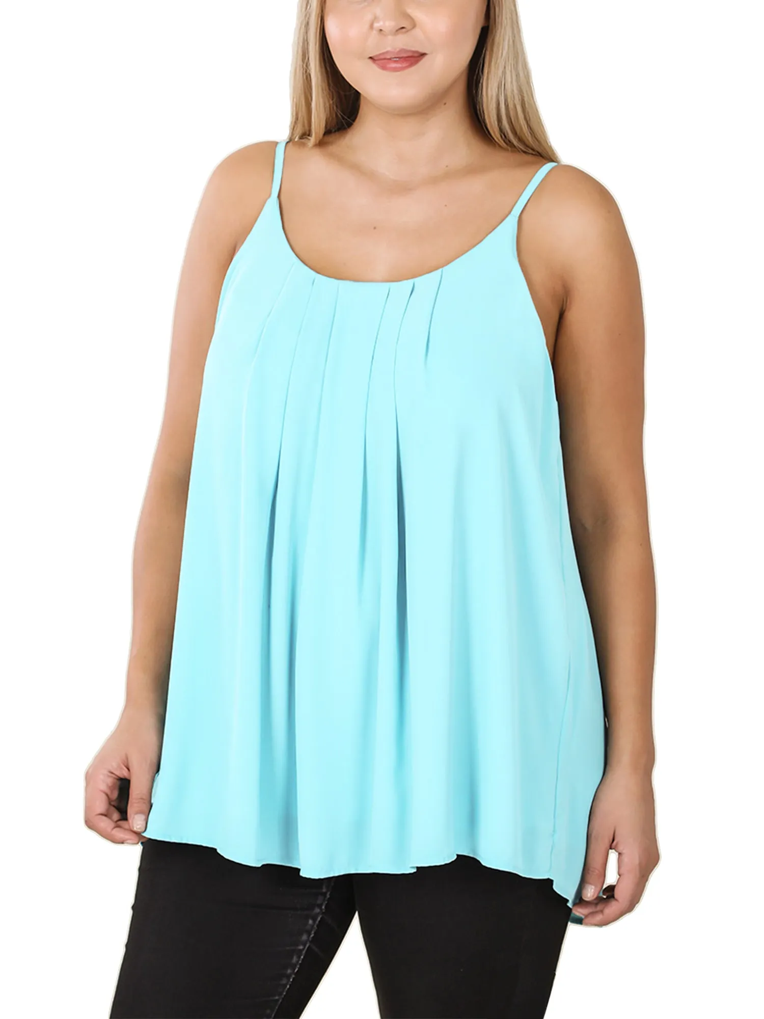 KOGMO Women's Sleeveless Pleated Spaghetti Cami Woven Top (S-3X)