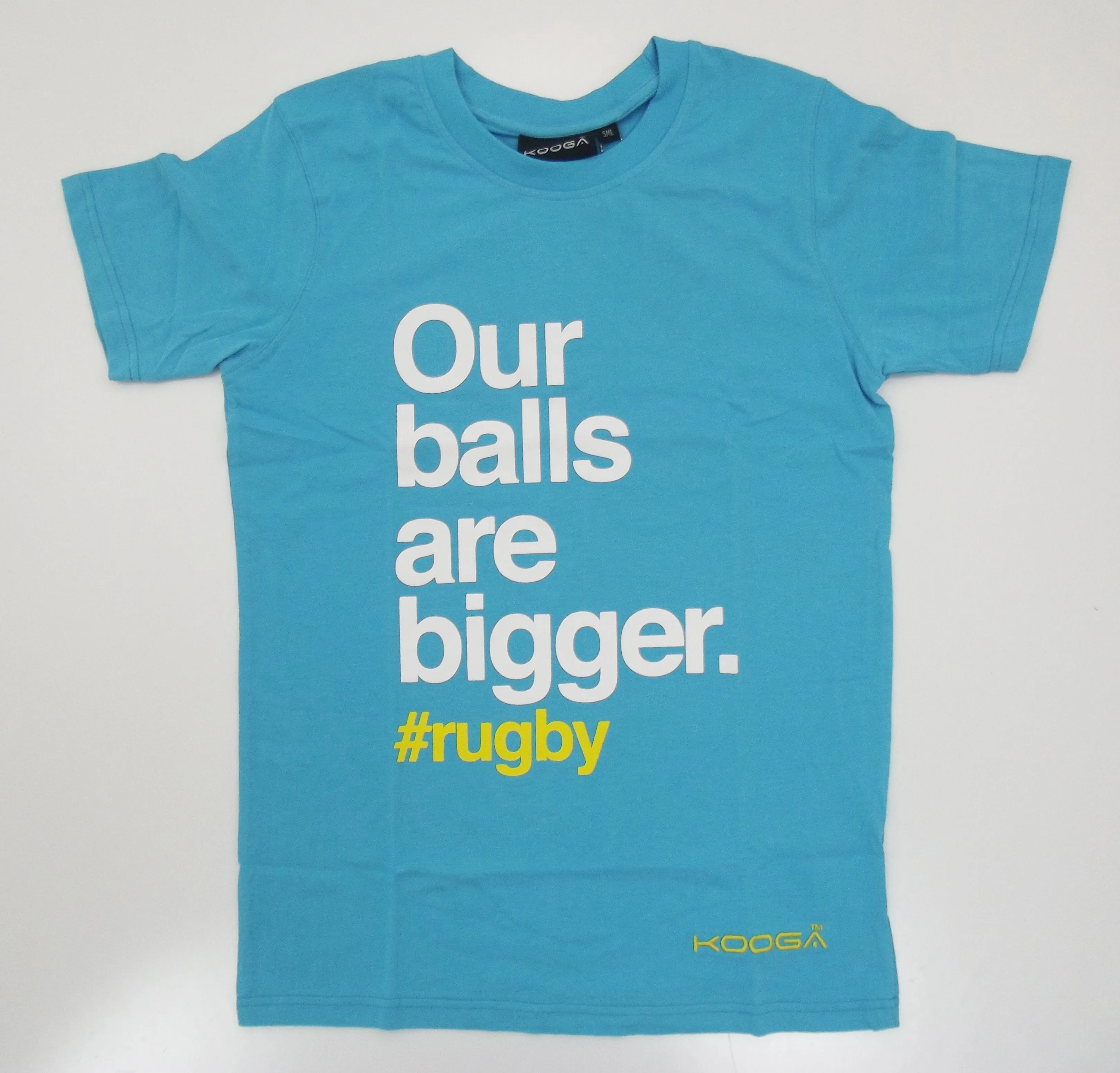 Kooga Our Balls Are Bigger Adults SS14 Cyan/Lime Slogan T-Shirt