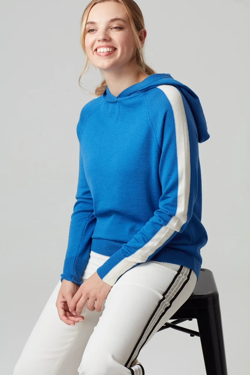 Ladies striped hoodie jumper in marine blue & soft white