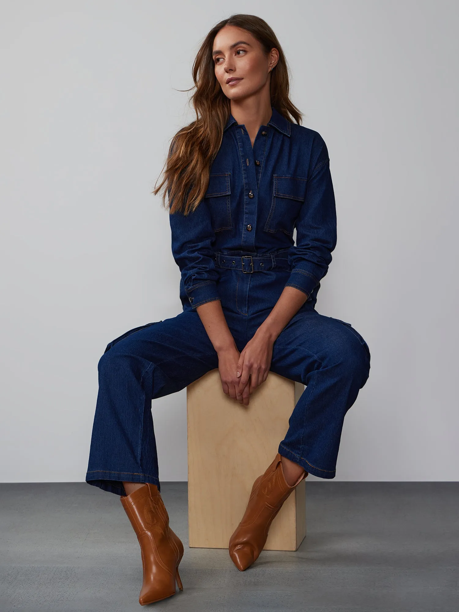 Long Sleeve Cinched Denim Jumpsuit