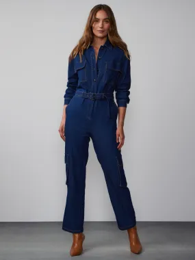 Long Sleeve Cinched Denim Jumpsuit