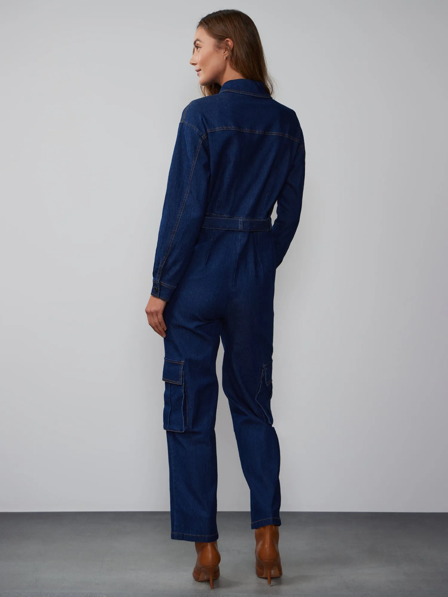 Long Sleeve Cinched Denim Jumpsuit