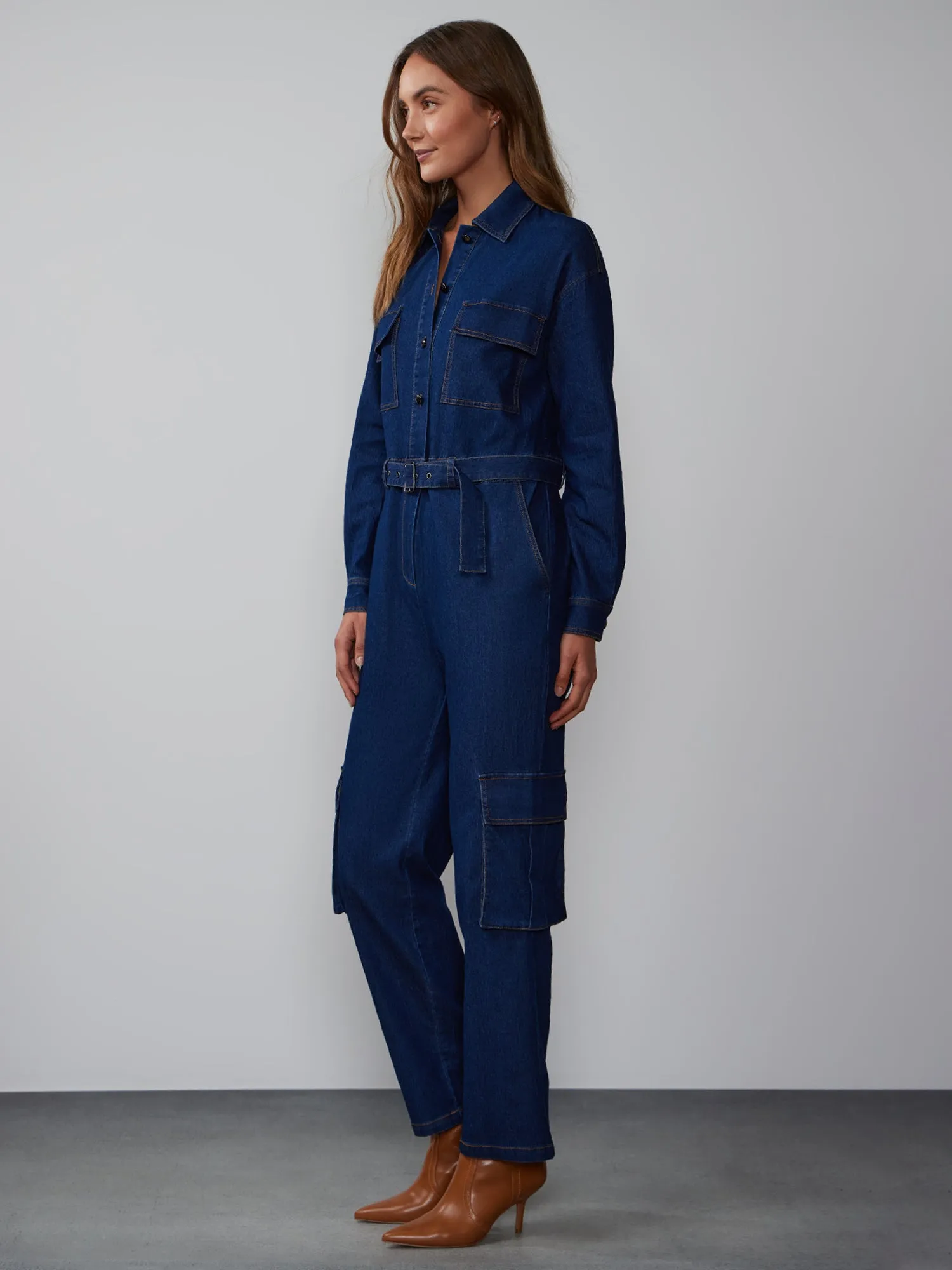 Long Sleeve Cinched Denim Jumpsuit