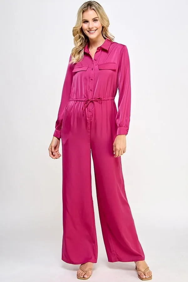 Long sleeve jumpsuit with waist drawstring