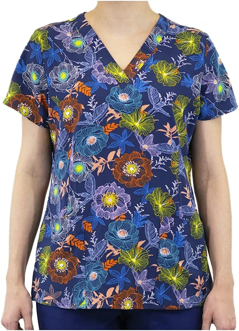 Maevn Women's V-Neck Print Scrub Top 1767 DWG Dawn Garden <br> Sizes XS to 3XL