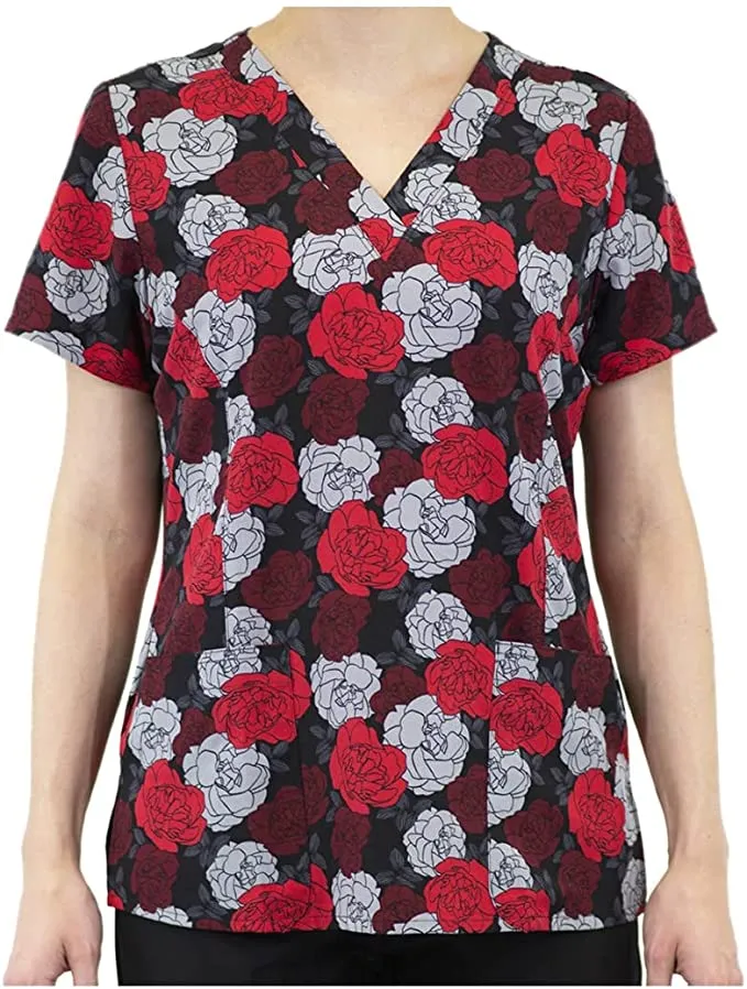 Maevn Women's V-Neck Print Scrub Top 1767 NBM Night Blooming <br> Sizes XS to 3XL