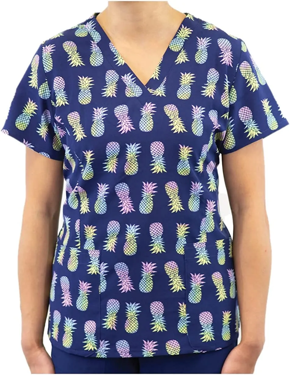 Maevn Women's V-Neck Print Scrub Top 1767 TPP Tropical Paradise <br> Sizes XS to XL