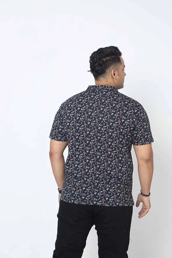 Men Plus Size Black Floral Printed Polo Collar T-shirt