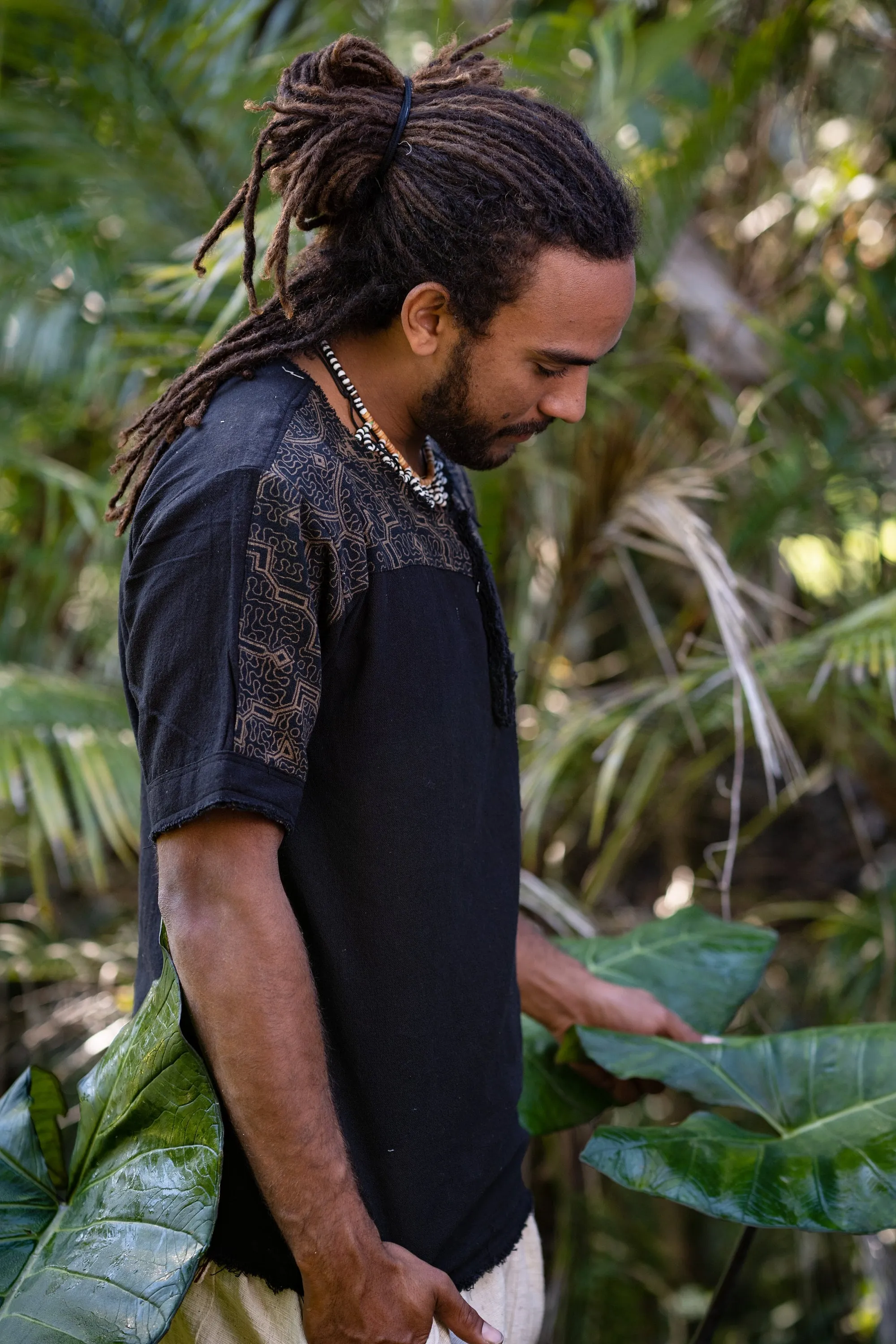 Mens ASURA Top Black Golden Sacred Shipibo Pattern Pocket T Shirt Shamanic Neo Tribal Gypsy Ritual Shaman Ethnic Handmade Huachuma AJJAYA