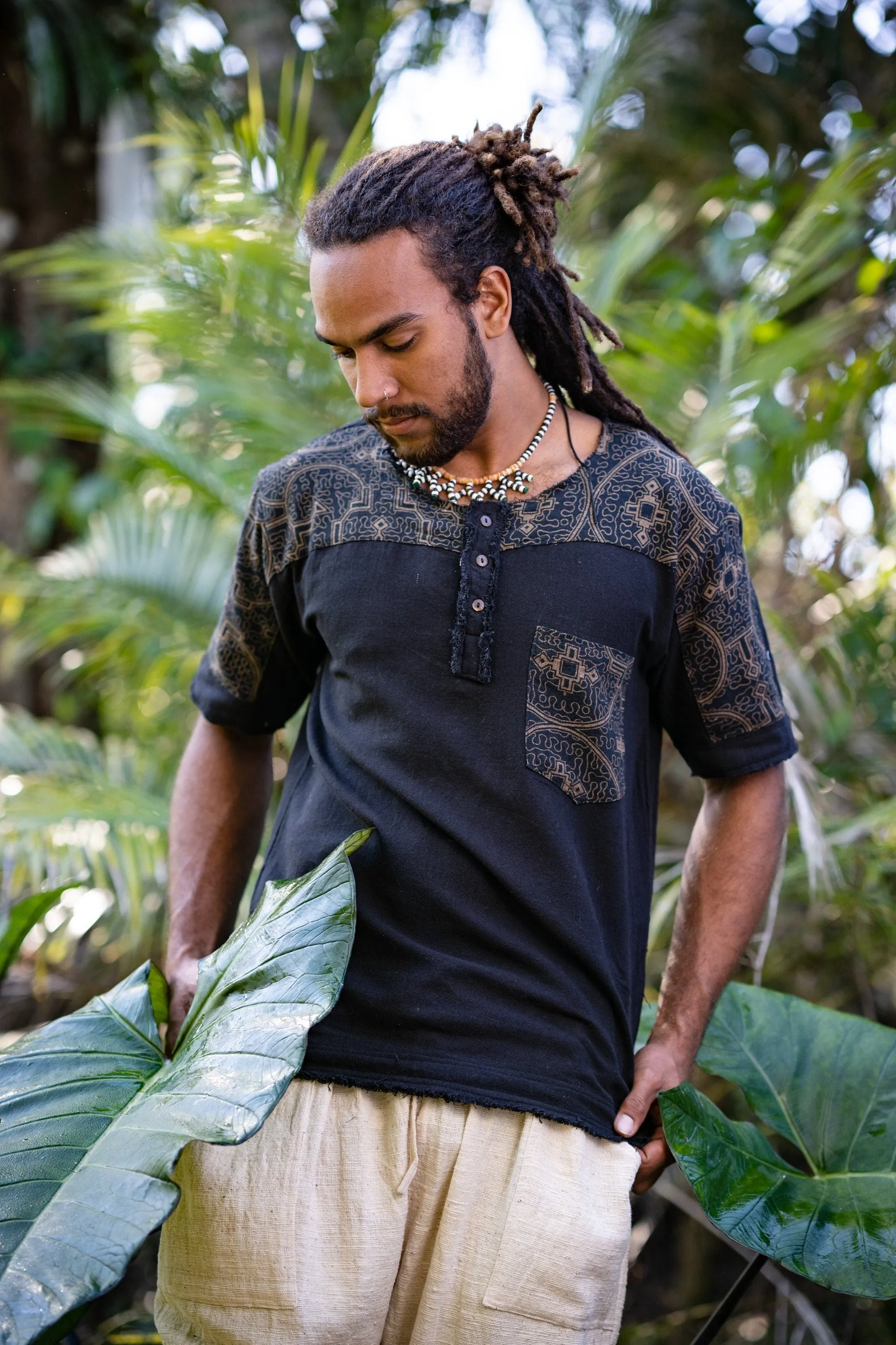 Mens ASURA Top Black Golden Sacred Shipibo Pattern Pocket T Shirt Shamanic Neo Tribal Gypsy Ritual Shaman Ethnic Handmade Huachuma AJJAYA