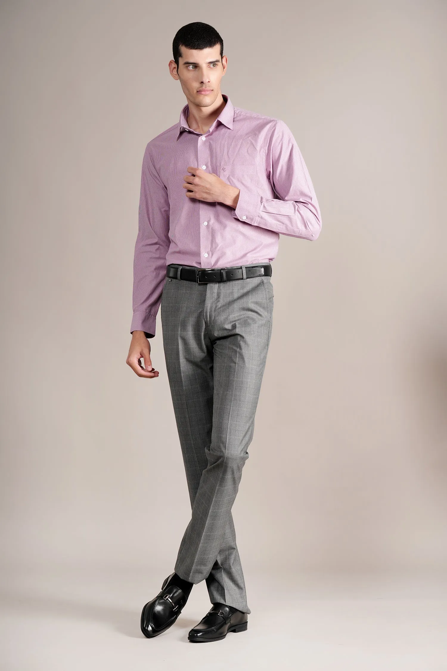 Men's Dark Grey Self Design Non-Pleated Formal Trouser