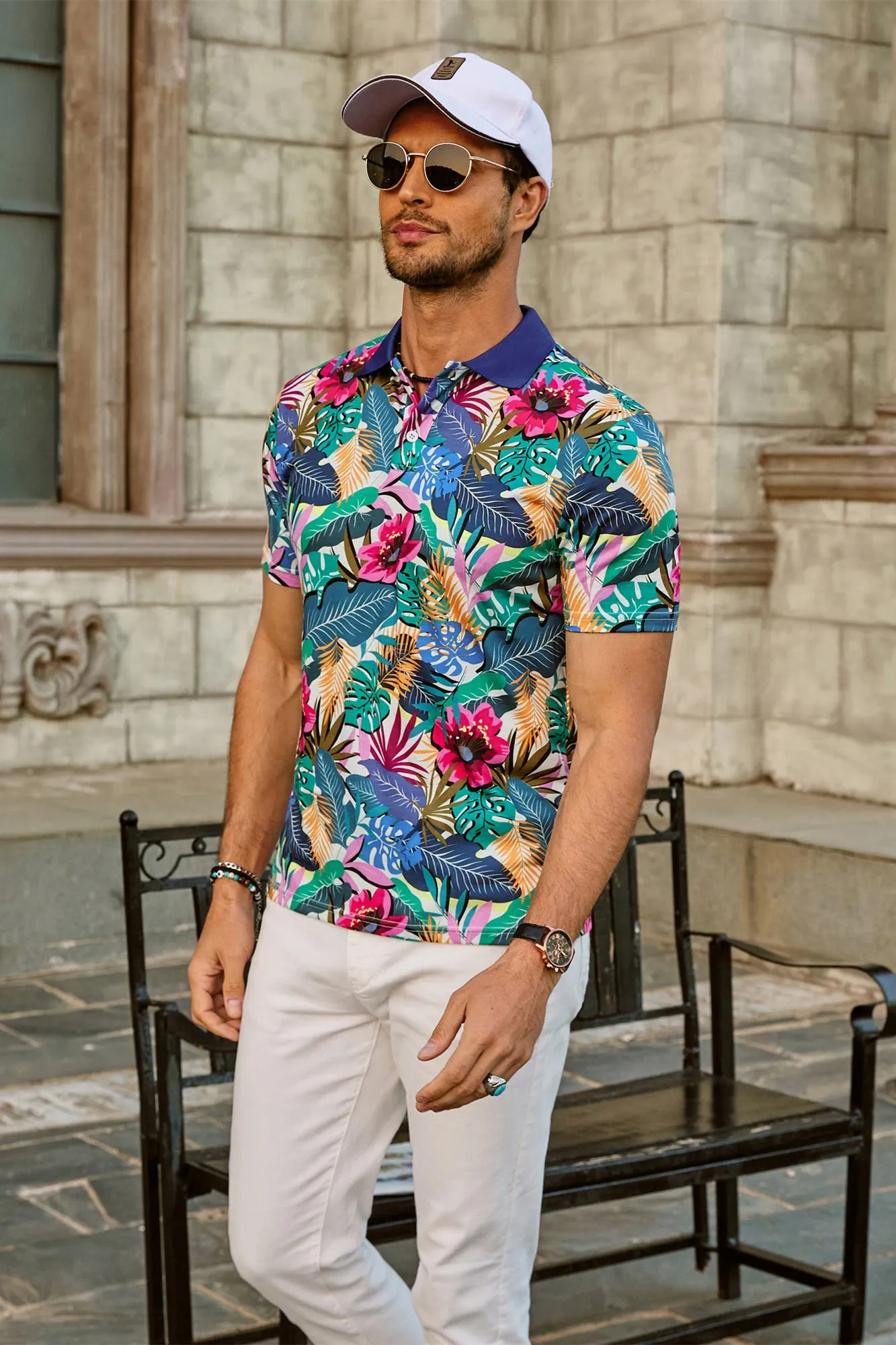 Mens Flower Polo Shirts Vintage Print Casual Tee Pullover Shirts for Summer