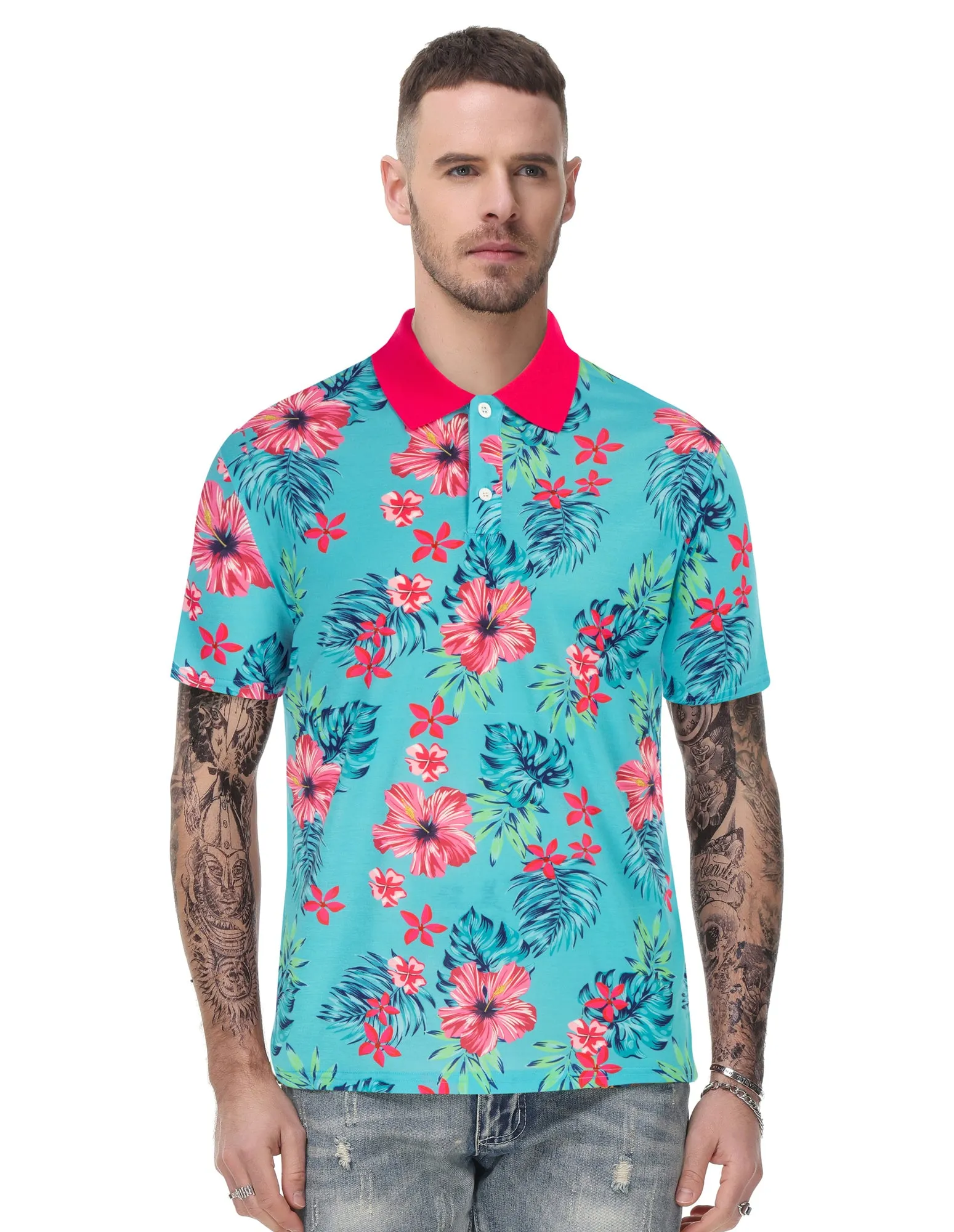 Mens Flower Polo Shirts Vintage Print Casual Tee Pullover Shirts for Summer