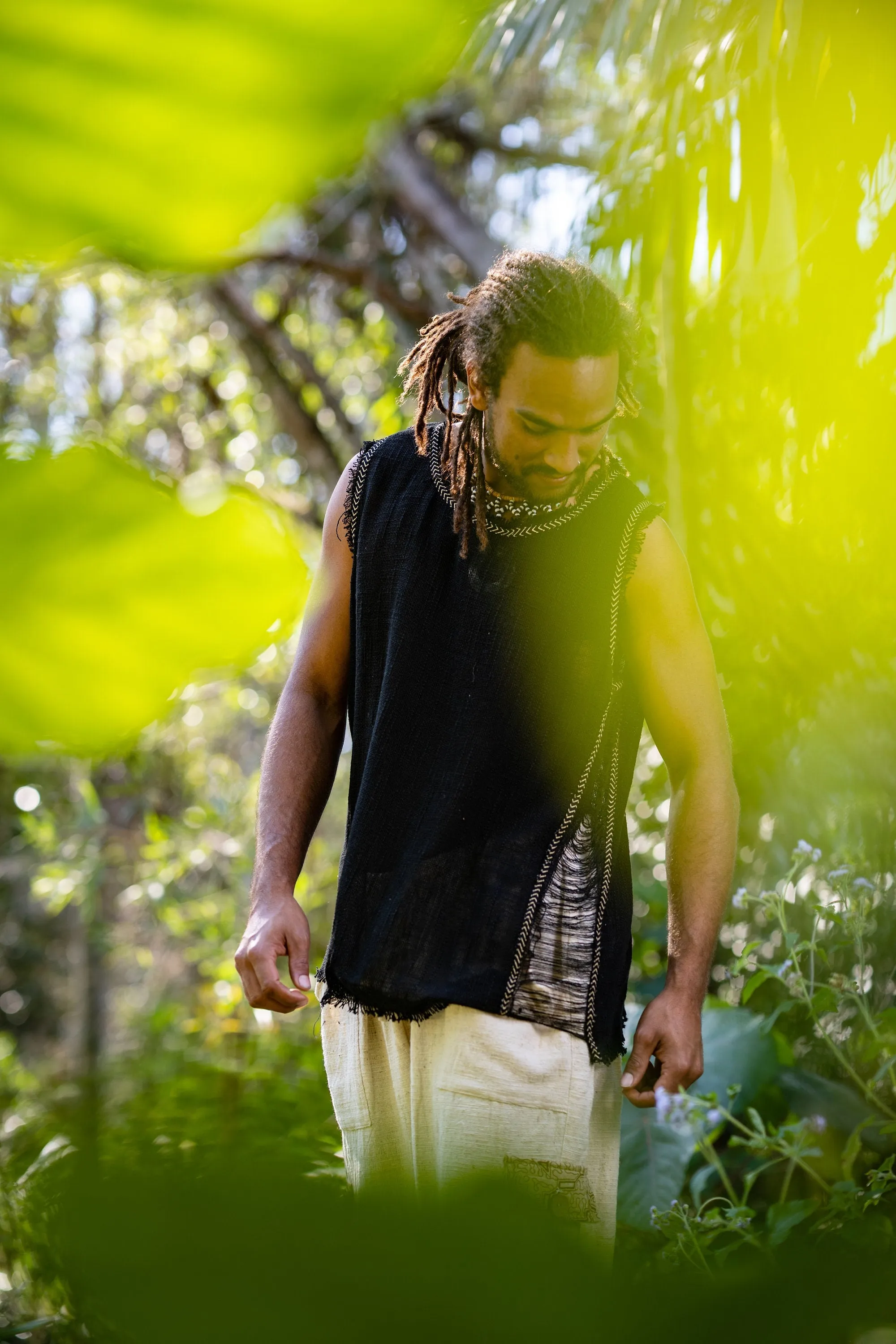 Mens Sleeveless Tank Top DHATU Cotton Shirt Slashed Open Sides Black Semi See Through Breathable Tribal Gypsy Alternative Festival AJJAYA