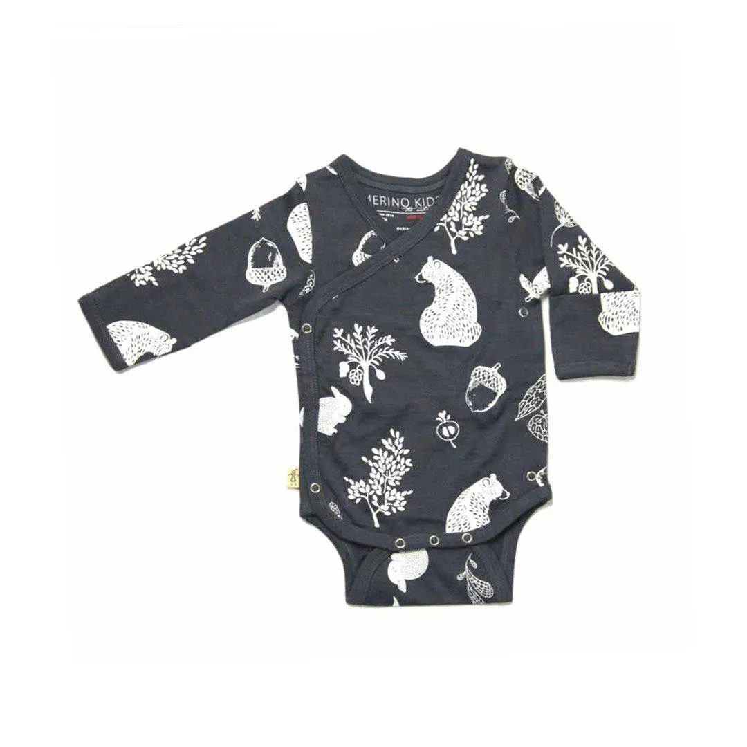 Merino Kids Cocooi Long Sleeve Kimono  Bodysuit - Bear Print - Dark Slate