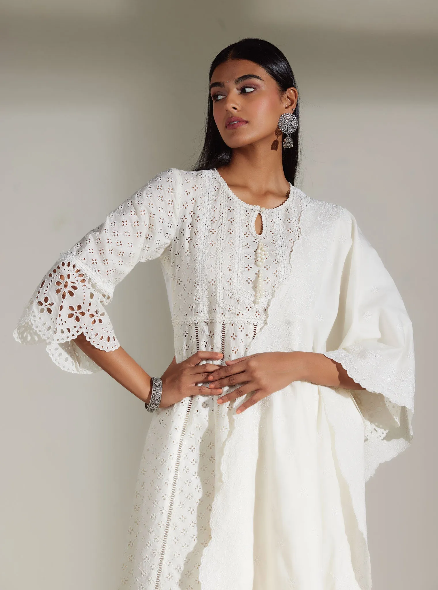 Mulmul Cotton Arris White Anarkali  Kurta With Diagonal Lace White Pant