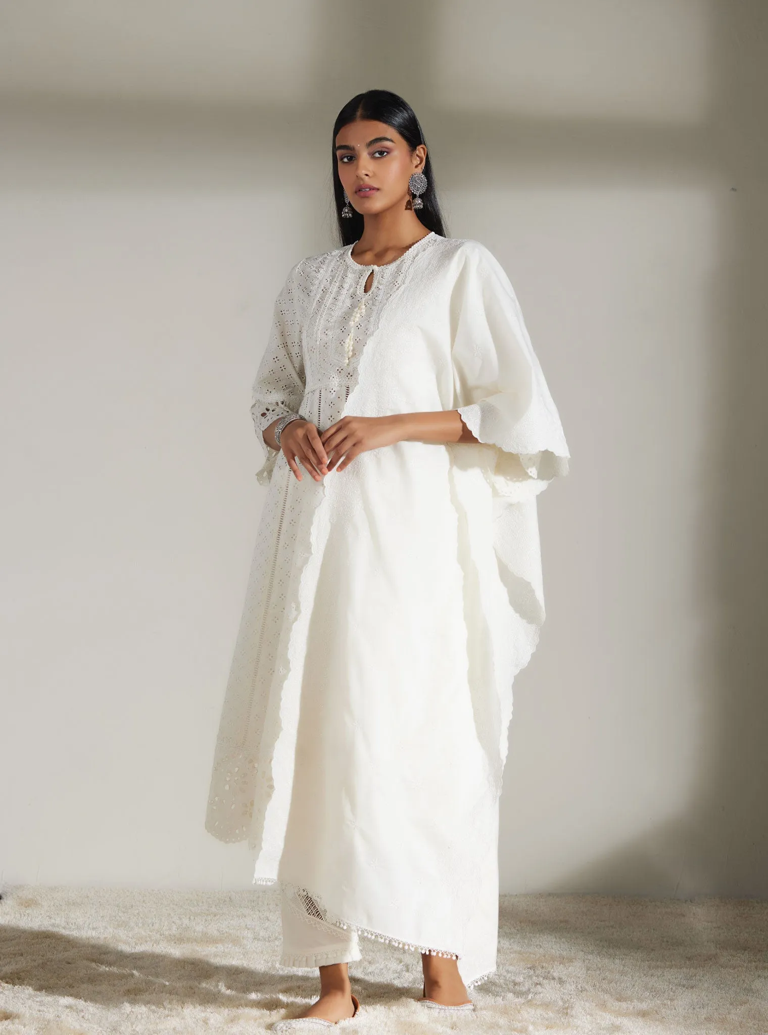 Mulmul Cotton Arris White Anarkali  Kurta With Diagonal Lace White Pant