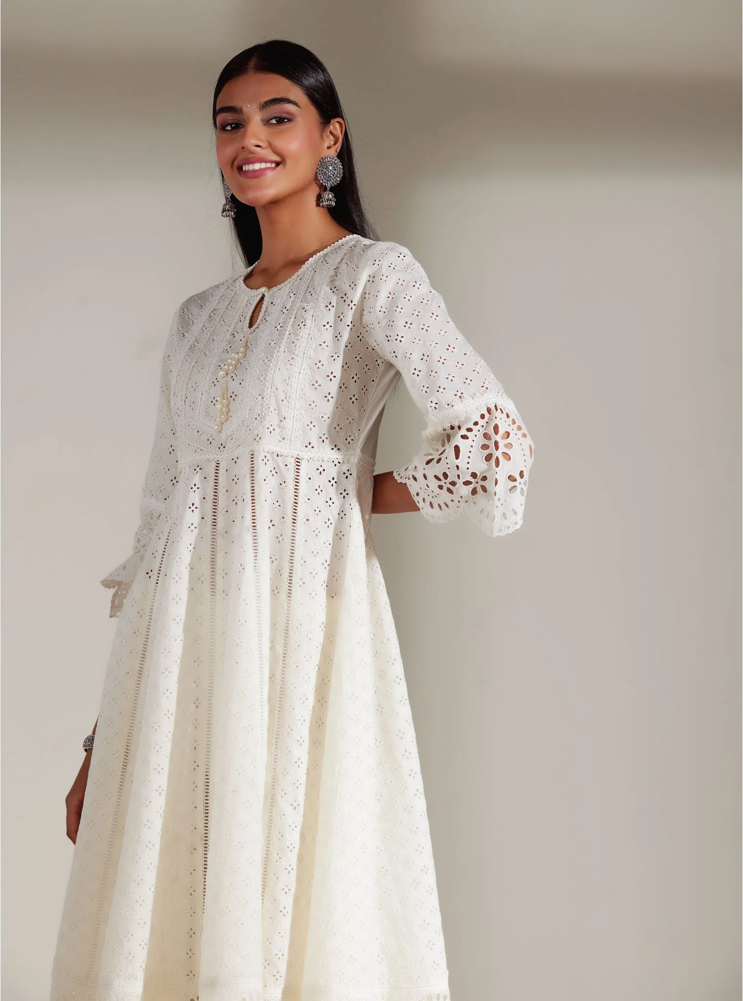 Mulmul Cotton Arris White Anarkali  Kurta With Diagonal Lace White Pant