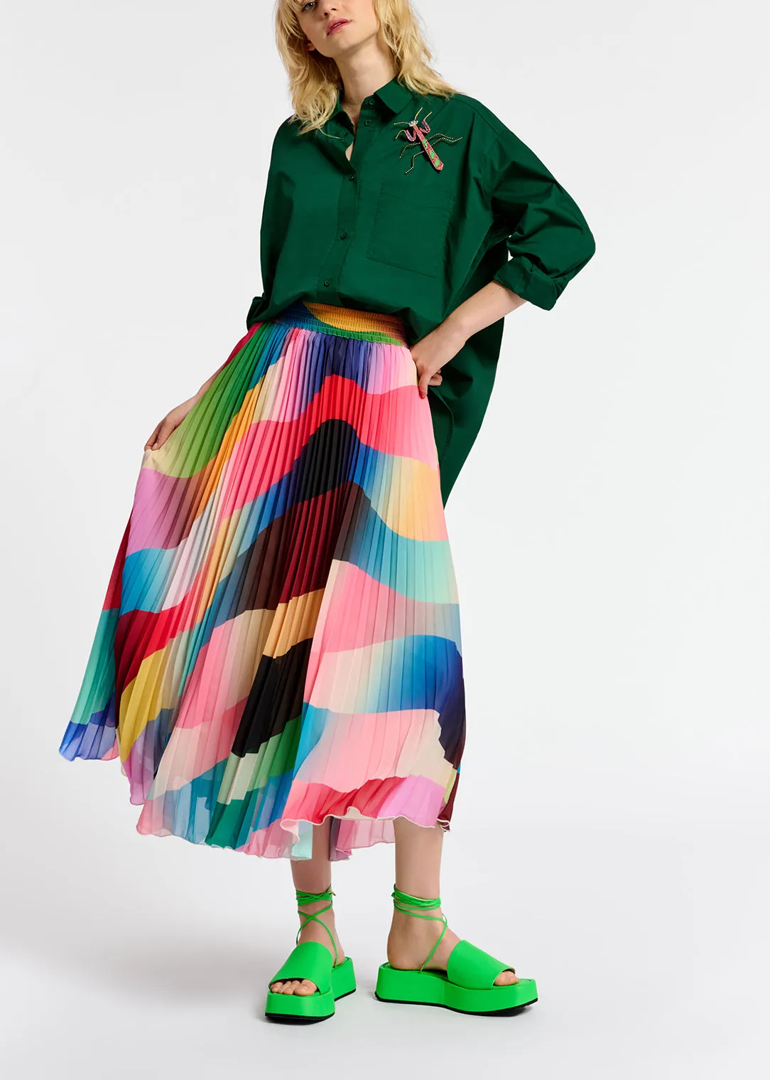 Multicolor graphic print plissé midi skirt