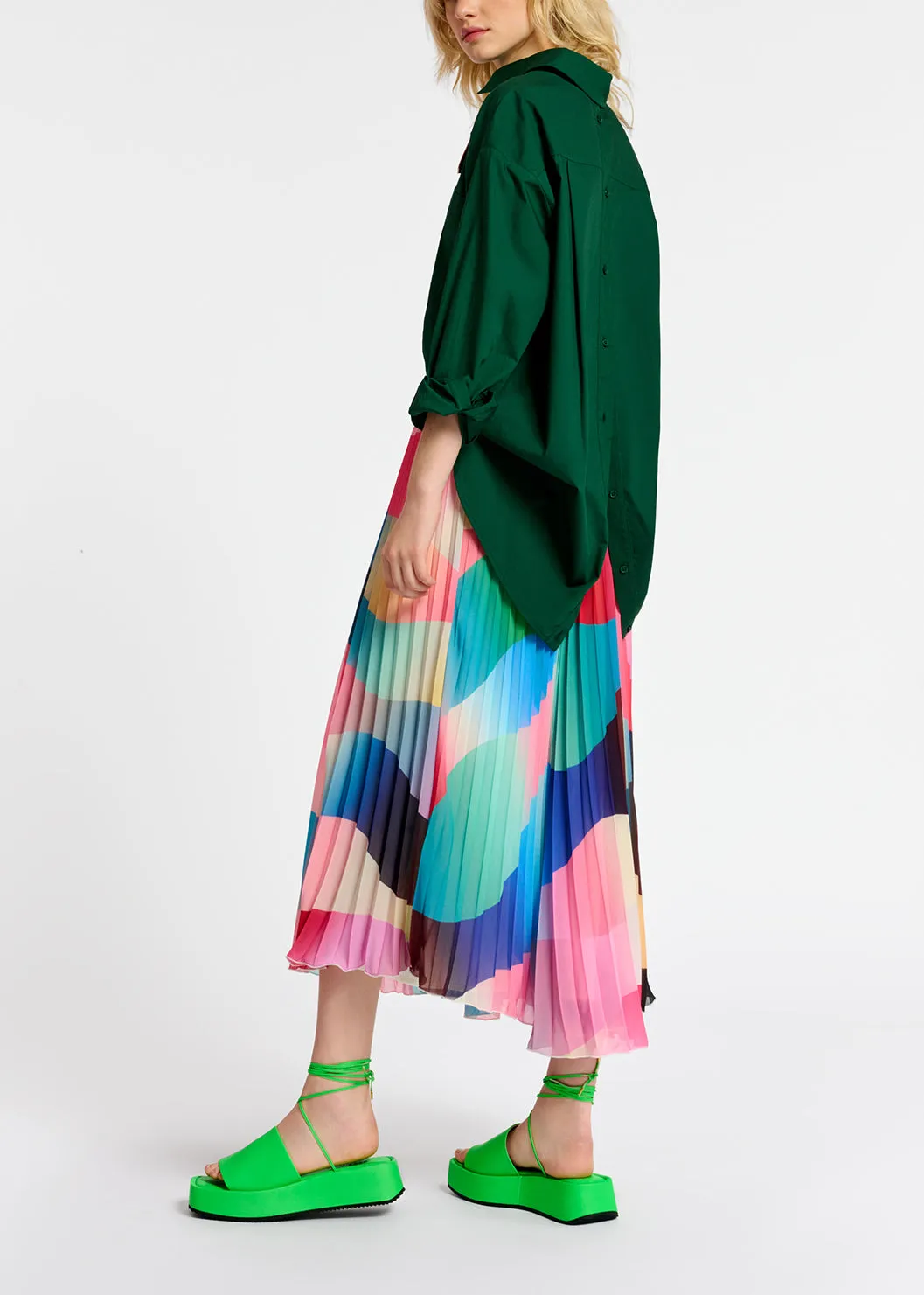 Multicolor graphic print plissé midi skirt