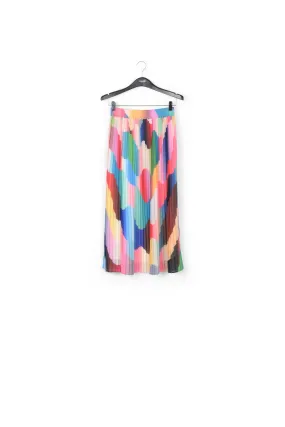 Multicolor graphic print plissé midi skirt