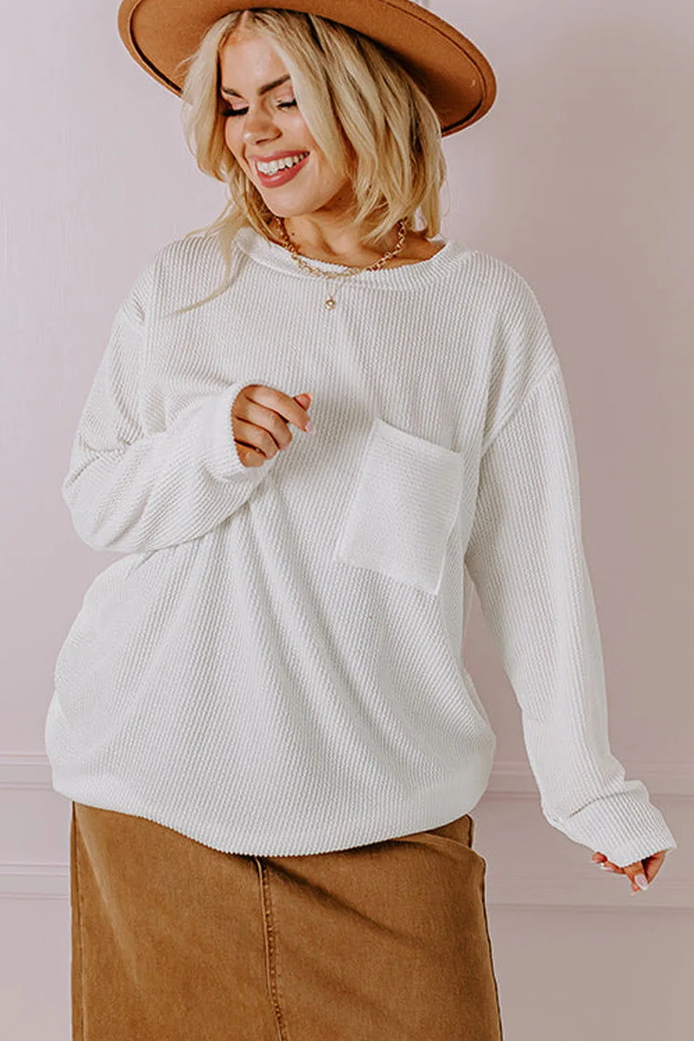 Myosotis Plus Size Ribbed Textured Pocketed Long Sleeve Top