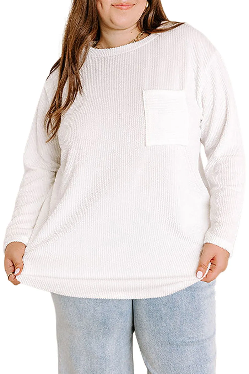 Myosotis Plus Size Ribbed Textured Pocketed Long Sleeve Top