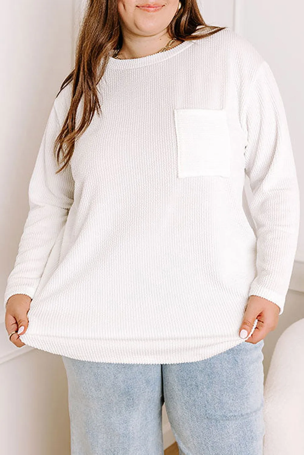 Myosotis Plus Size Ribbed Textured Pocketed Long Sleeve Top