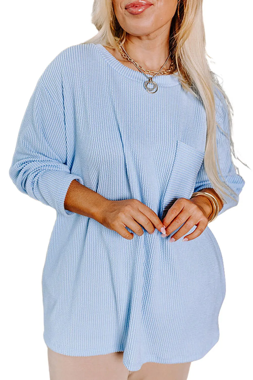 Myosotis Plus Size Ribbed Textured Pocketed Long Sleeve Top