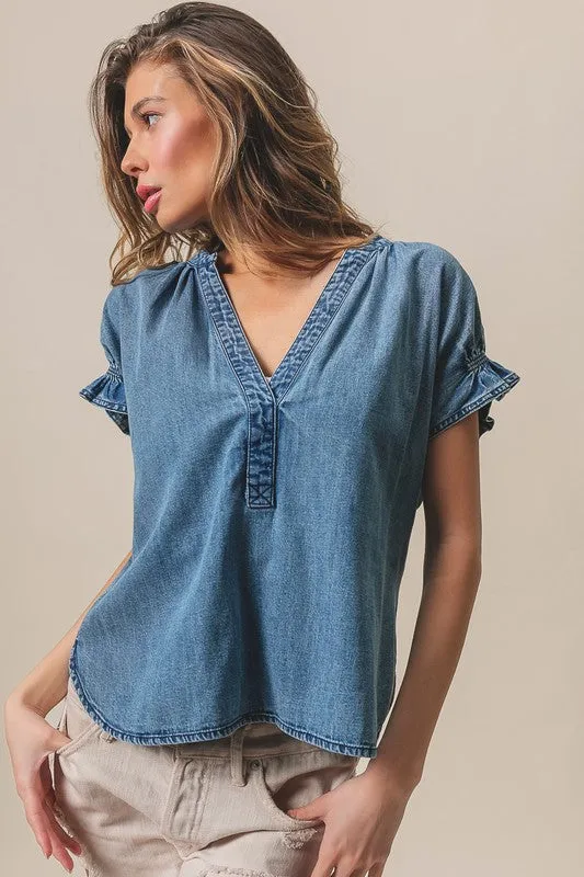 NEW!! Cassidy Ruffle Washed Denim Top