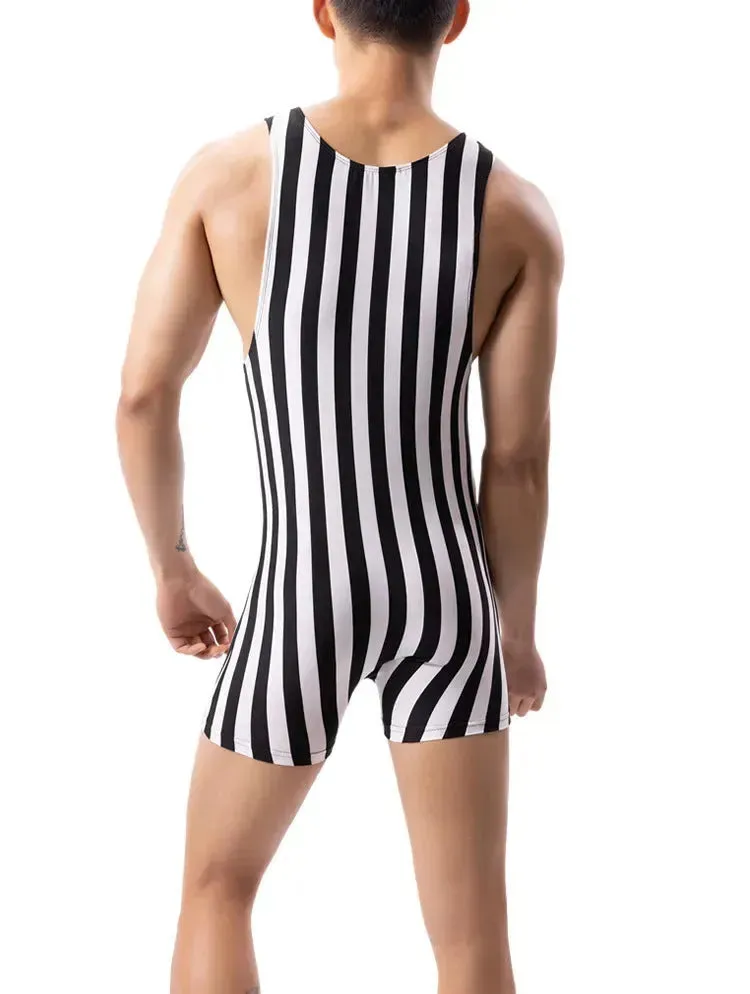 New Vertical Striped Pajamas Sports Swimming Brief Bodysuit for men