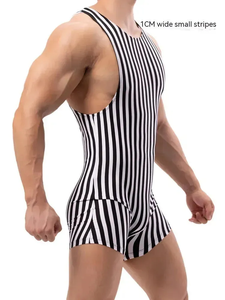 New Vertical Striped Pajamas Sports Swimming Brief Bodysuit for men