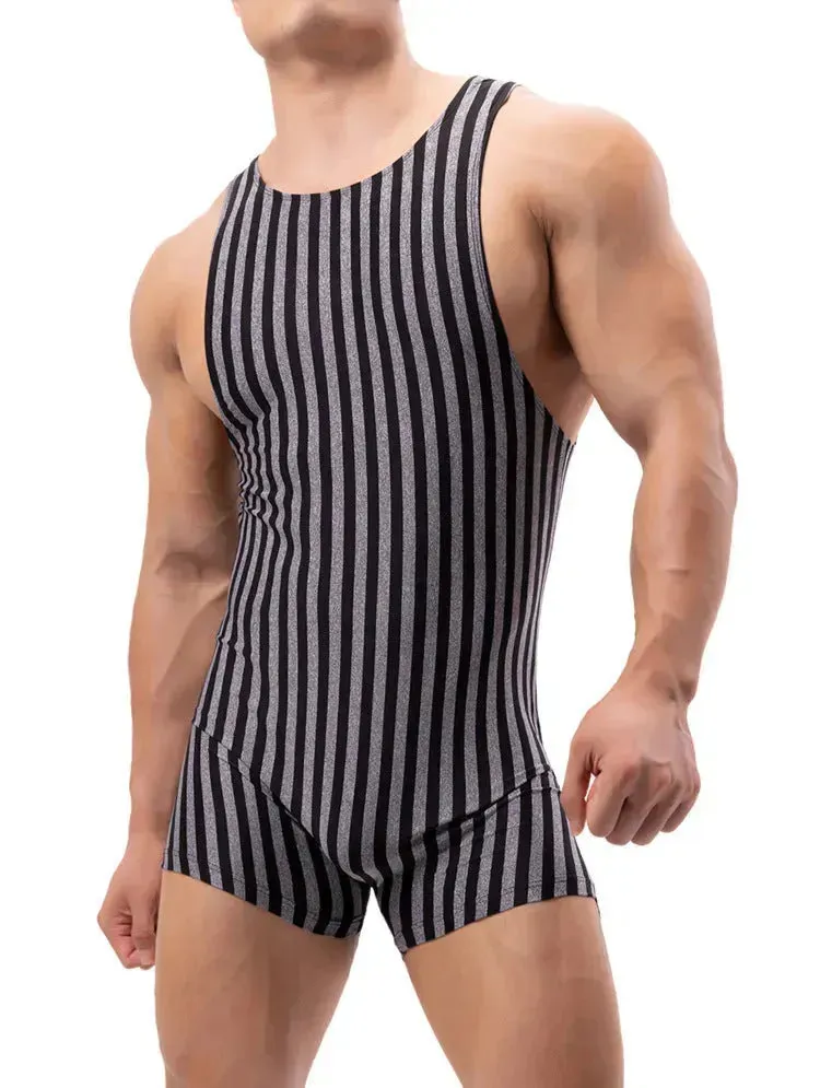 New Vertical Striped Pajamas Sports Swimming Brief Bodysuit for men