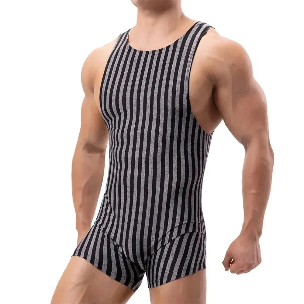 New Vertical Striped Pajamas Sports Swimming Brief Bodysuit for men