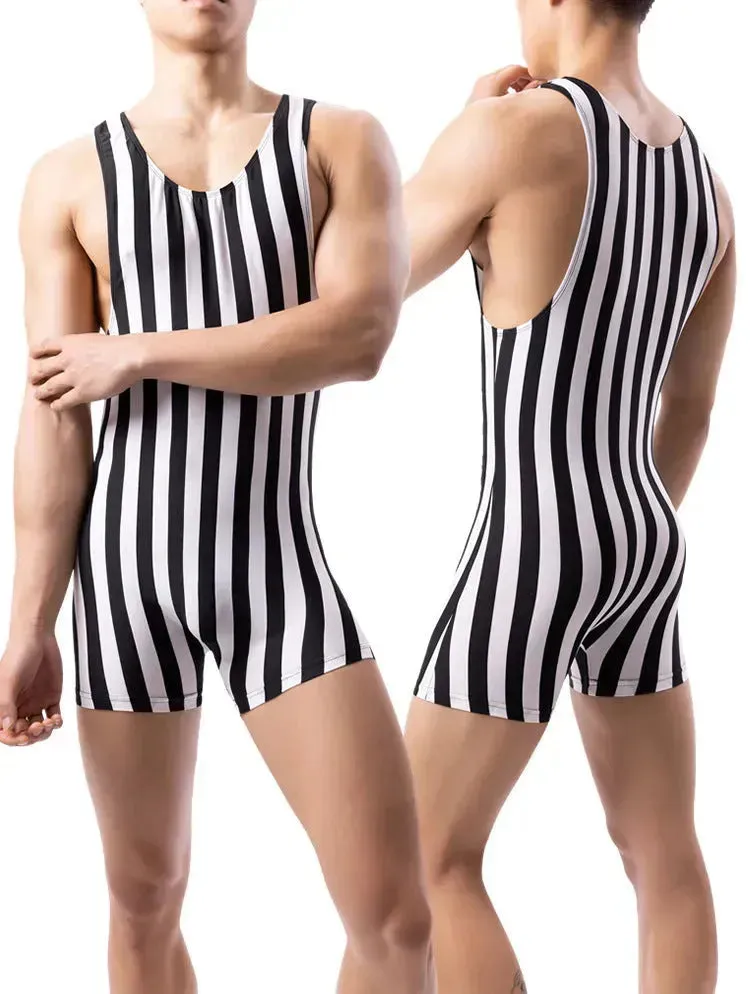 New Vertical Striped Pajamas Sports Swimming Brief Bodysuit for men