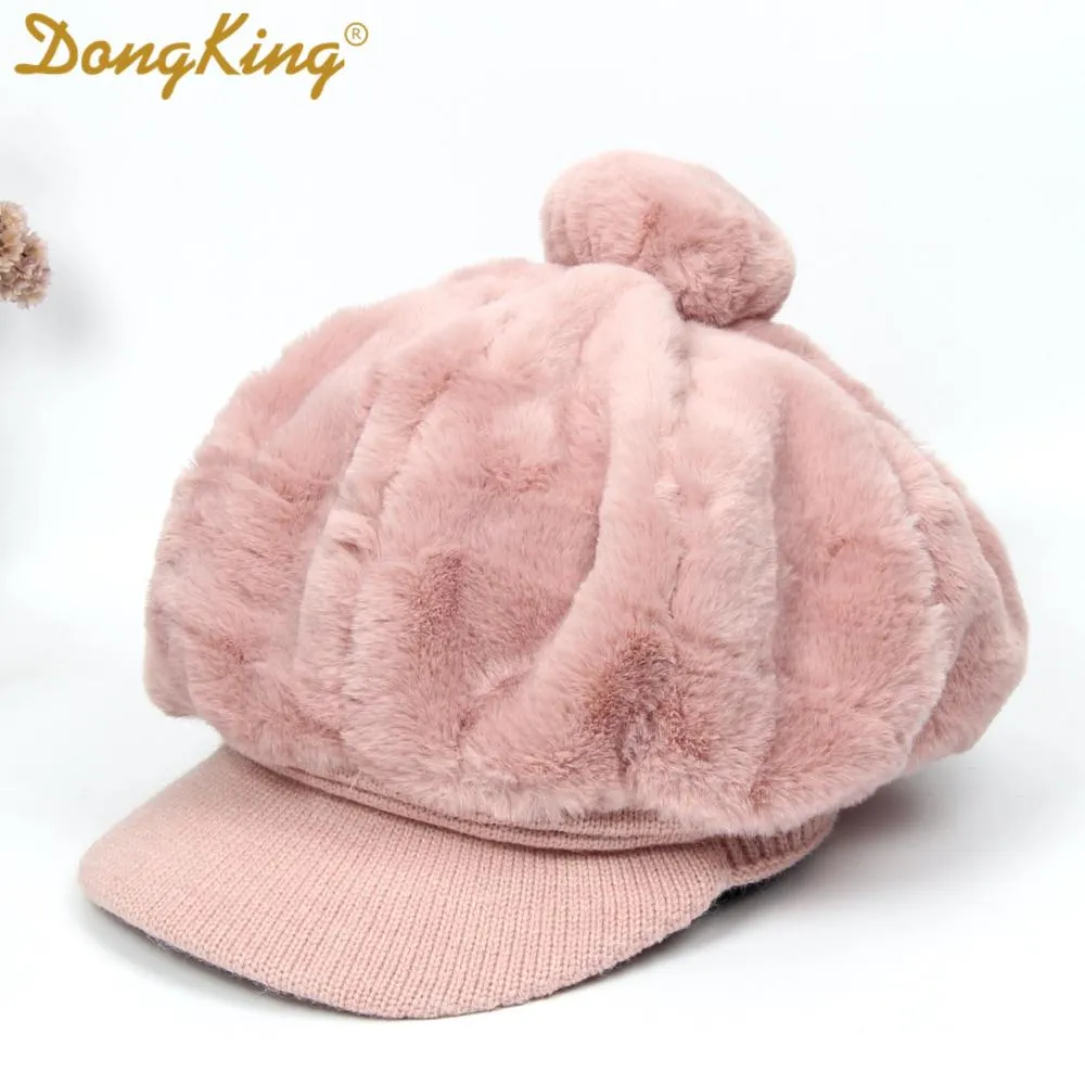 New Winter Rabbit Fur Beret Hat For Women Thickened Ear Cap Ladies Warm Pompom Octagonal Hat Female Girls Knitted Visor