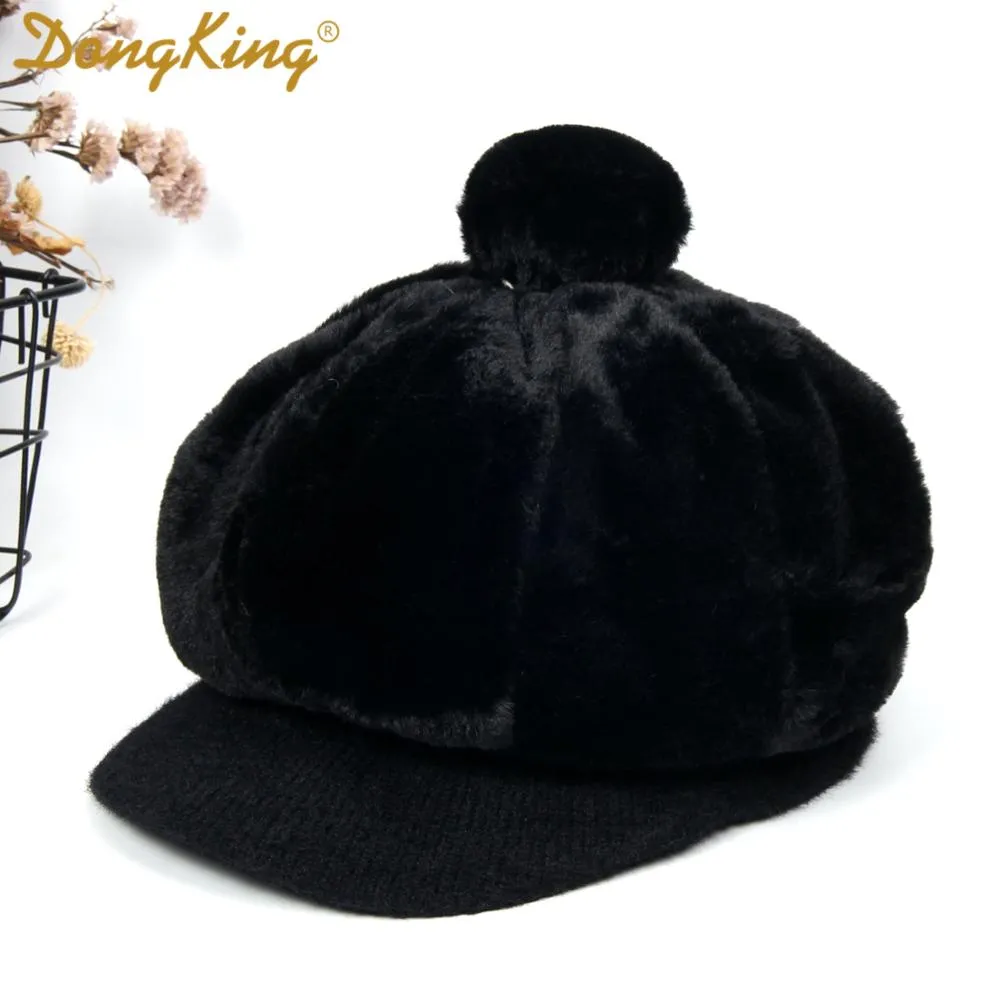 New Winter Rabbit Fur Beret Hat For Women Thickened Ear Cap Ladies Warm Pompom Octagonal Hat Female Girls Knitted Visor