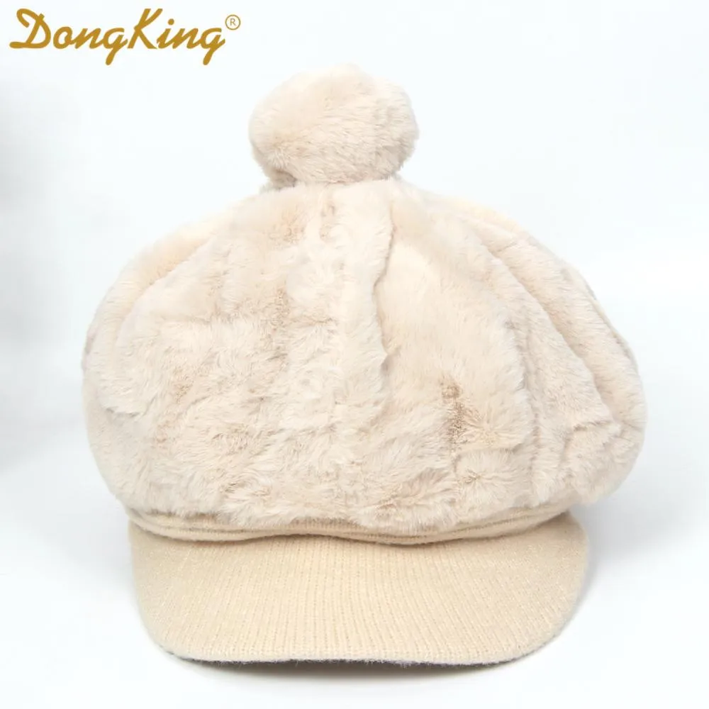 New Winter Rabbit Fur Beret Hat For Women Thickened Ear Cap Ladies Warm Pompom Octagonal Hat Female Girls Knitted Visor