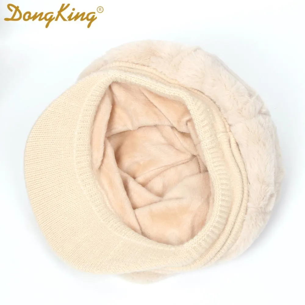 New Winter Rabbit Fur Beret Hat For Women Thickened Ear Cap Ladies Warm Pompom Octagonal Hat Female Girls Knitted Visor