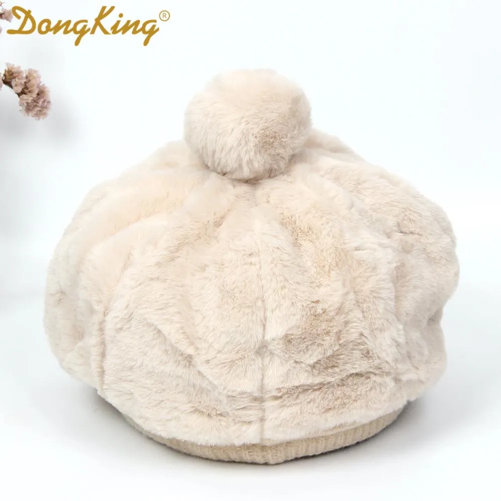 New Winter Rabbit Fur Beret Hat For Women Thickened Ear Cap Ladies Warm Pompom Octagonal Hat Female Girls Knitted Visor