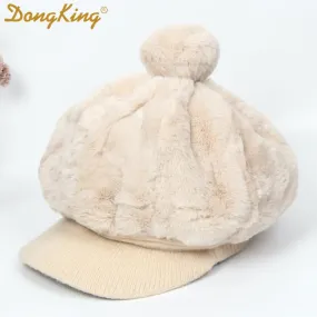 New Winter Rabbit Fur Beret Hat For Women Thickened Ear Cap Ladies Warm Pompom Octagonal Hat Female Girls Knitted Visor