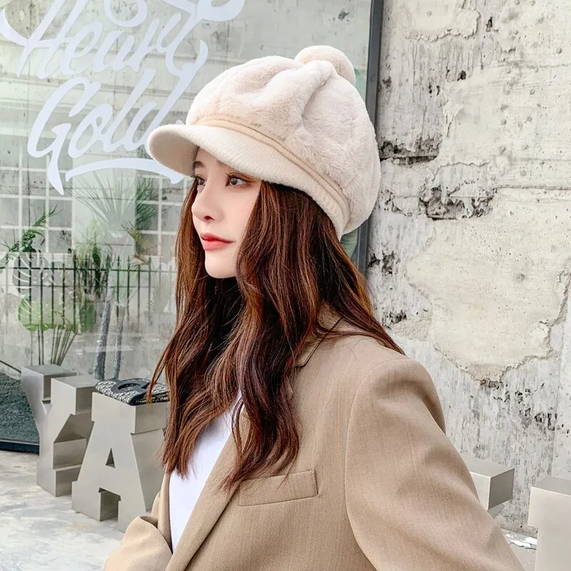 New Winter Rabbit Fur Beret Hat For Women Thickened Ear Cap Ladies Warm Pompom Octagonal Hat Female Girls Knitted Visor