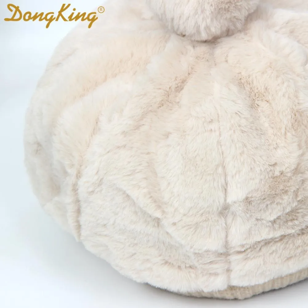 New Winter Rabbit Fur Beret Hat For Women Thickened Ear Cap Ladies Warm Pompom Octagonal Hat Female Girls Knitted Visor