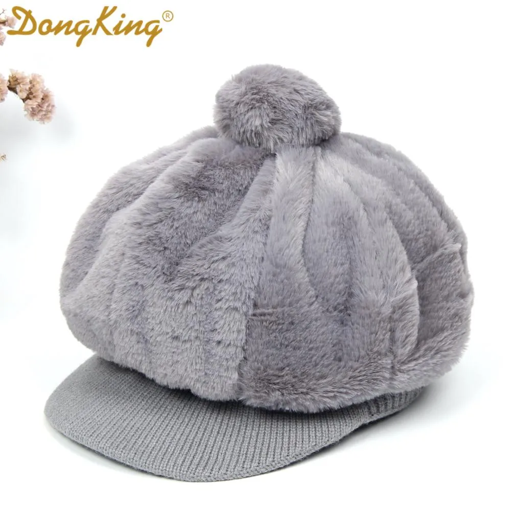 New Winter Rabbit Fur Beret Hat For Women Thickened Ear Cap Ladies Warm Pompom Octagonal Hat Female Girls Knitted Visor