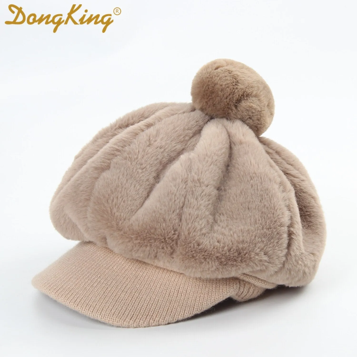 New Winter Rabbit Fur Beret Hat For Women Thickened Ear Cap Ladies Warm Pompom Octagonal Hat Female Girls Knitted Visor