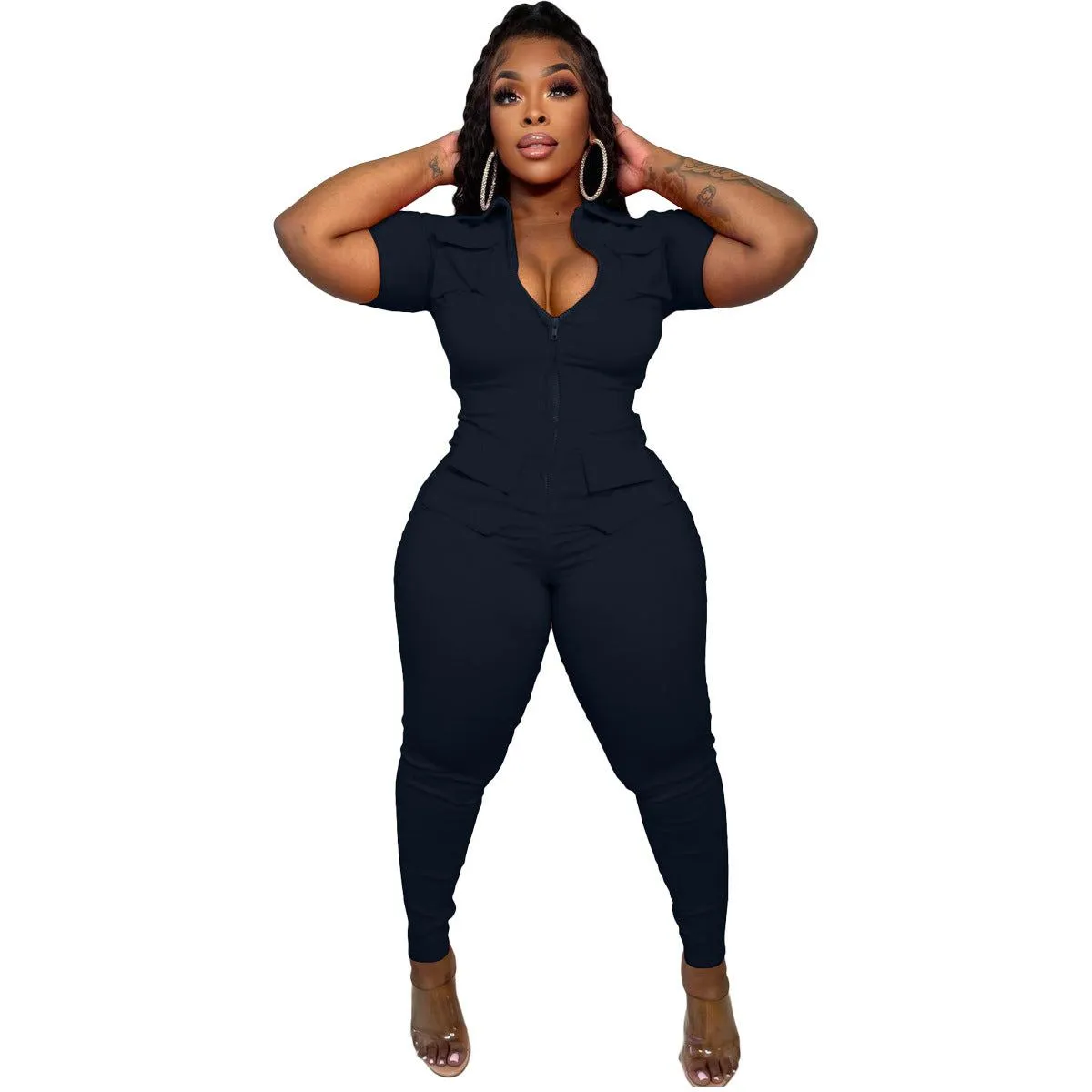 New Women's Clothing Zipper Three-dimensional Pocket Jumpsuit