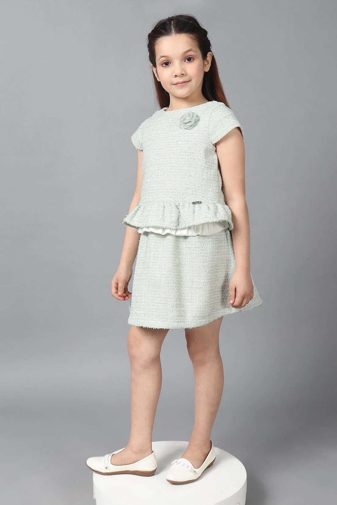 One Friday Kids Girls Green Knitted Round Neck Peplum Top