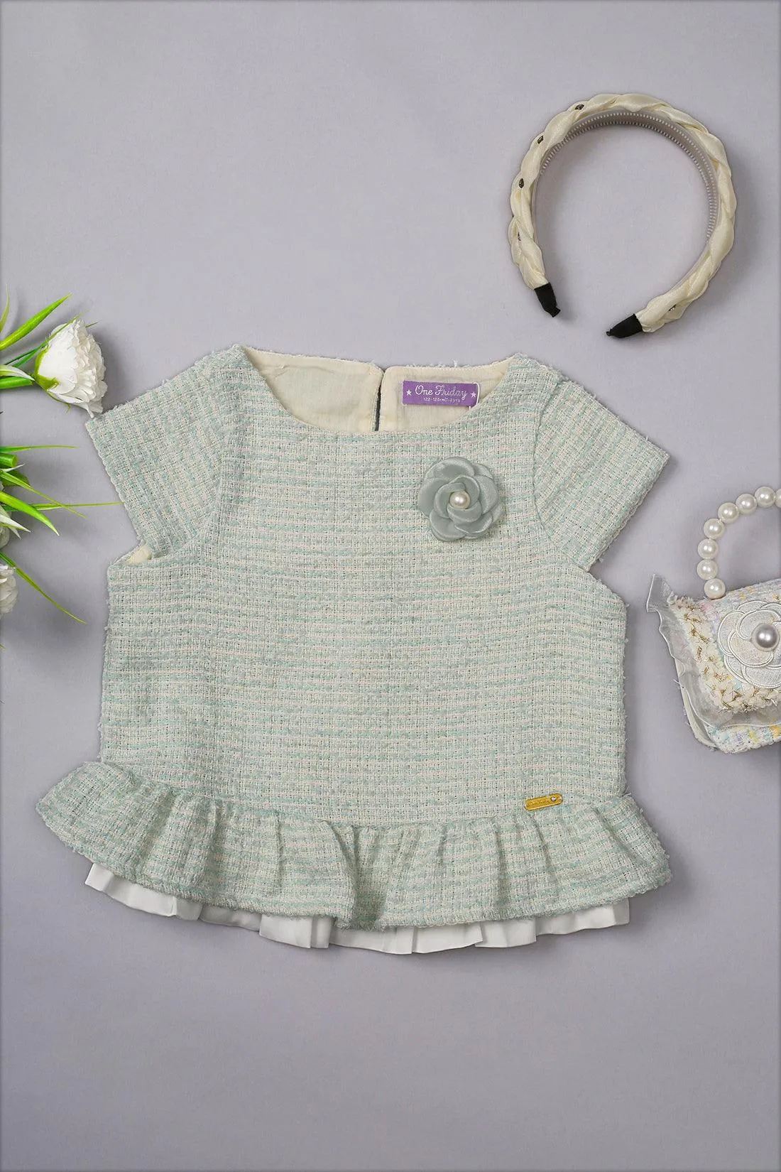 One Friday Kids Girls Green Knitted Round Neck Peplum Top